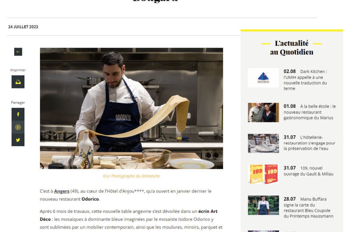 Magazine "Le Chef" - Article "Odorico, une table signée Kevin Bougard à l’Hôtel d’Anjou"
