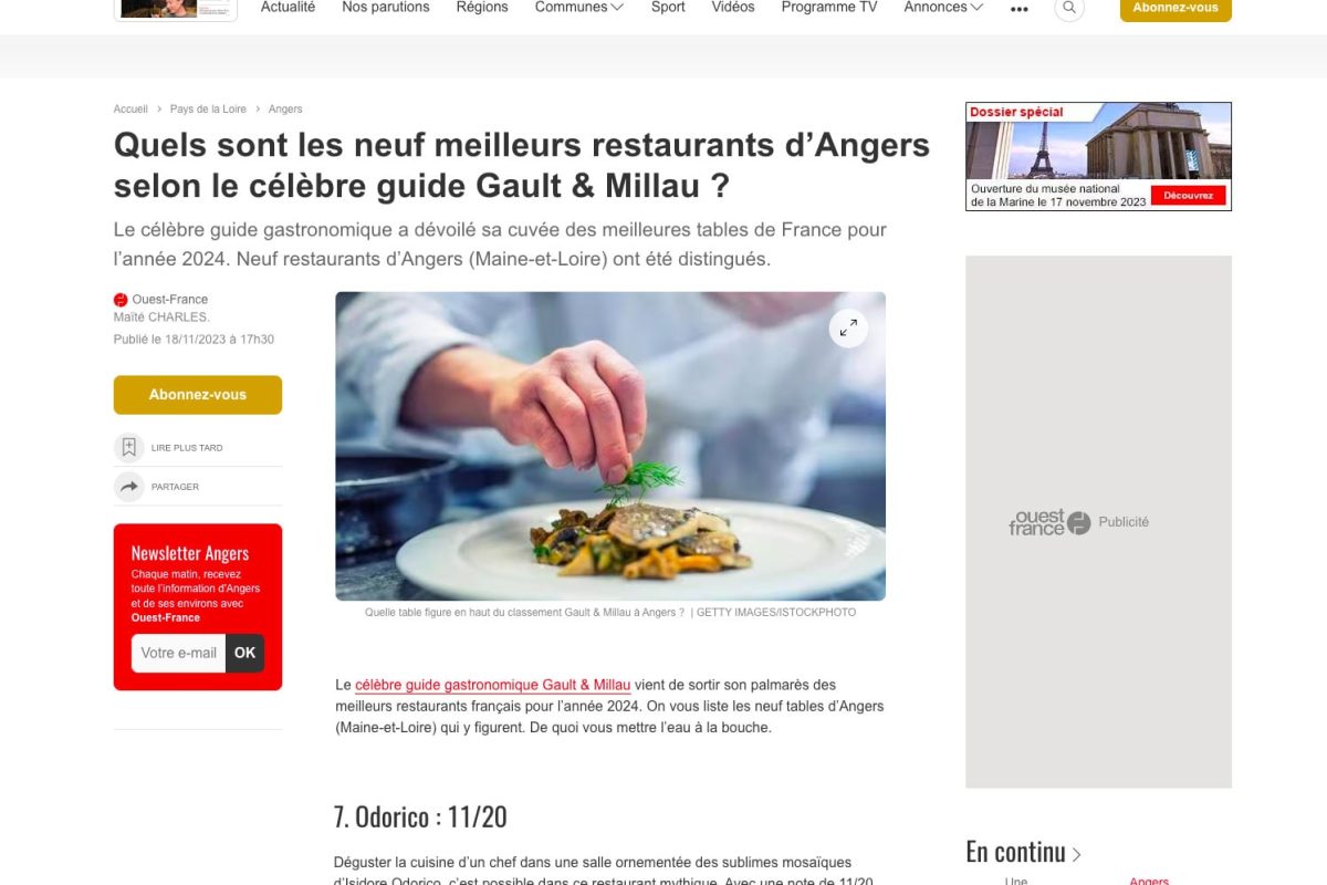 Ouest France - Meilleurs restaurants d'Angers selon le célèbre guide Gault & Millau
